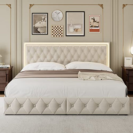 Queen Upholstered LED Bed Frame with 4 Drawers, Velvet Platform Storage Bed