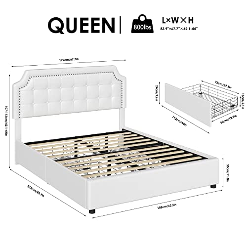Upholstered Queen Platform Bed Frame with 4 Drawers and Curved Button Tufted Headboard with Nailhead Trim