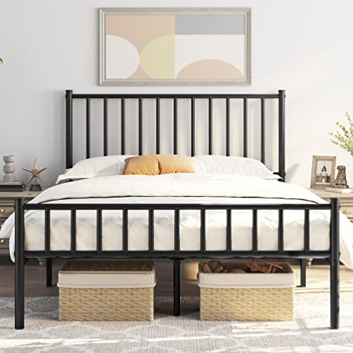 14 Inch Queen Size Bed Frame Metal Platform Bed with Spindle Headboard Footboard