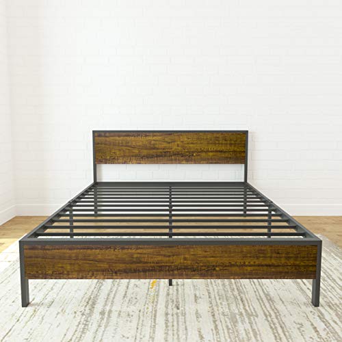 Metal Platform Bed Frame Mattress Foundation with Wood Headboard Duty Steel Slat