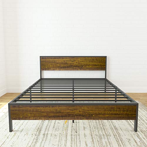 Metal Platform Bed Frame Mattress Foundation with Wood Headboard Duty Steel Slat Support 14Inch Bed Storage