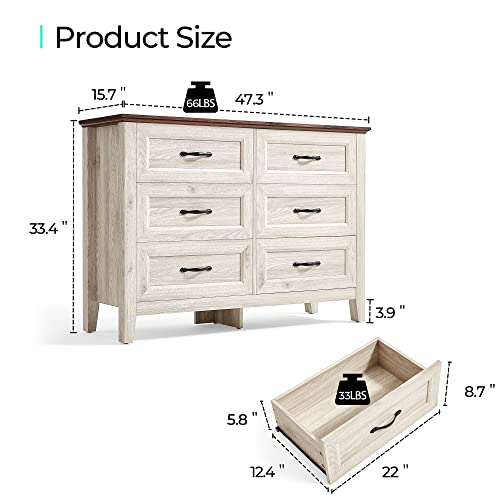White Dresser for Bedroom, Long Dresser with 6 Drawers