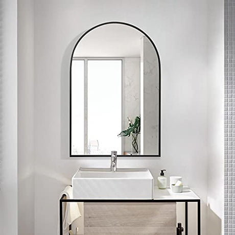 Wall Mounted Mirror, 20"x30" Arch Bathroom Mirror, Black Vanity Wall Mirror