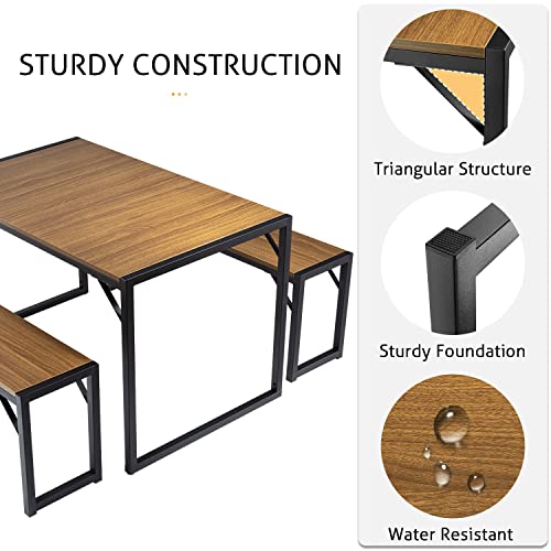 3-Piece Dining Table Set with 2 Benches, Rustic Kitchen Table Set for 4-6