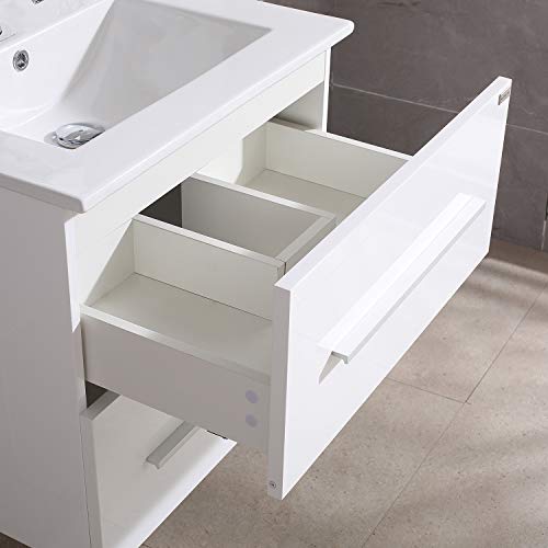 24" White Wall Mounted Bathroom Vanity Set Two Drawers Storage Cabinet with Ceramic