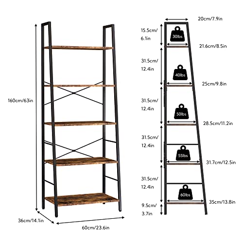 Bookshelf, Ladder Shelf 5-Tier Bookcase for Bedroom, Industrial Book Shelves Storage Rack