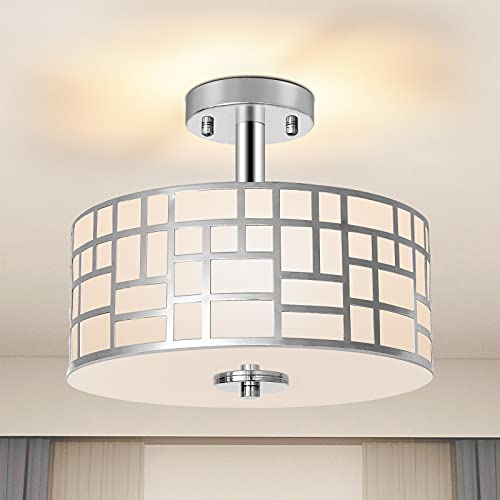Modern 3-Lights Semi Flush Mount Light Fixture,Close to Ceiling Light with Silver Finished Metal Drum Shade