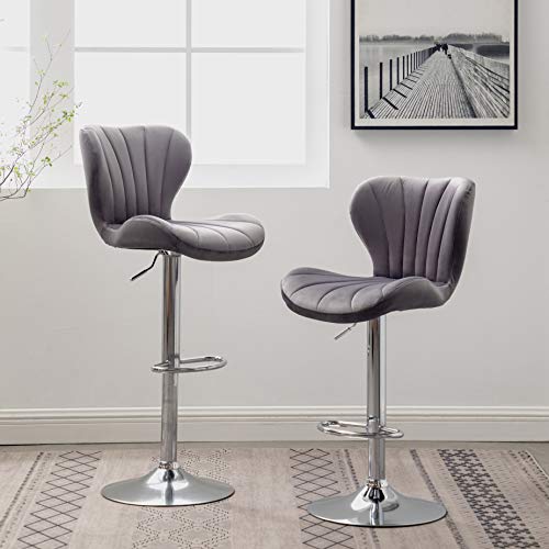 Ellston Velvet Adjustable Swivel Barstools in Gray, Set of 2