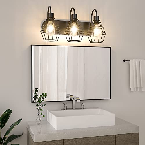 Retro Style Industrial Bathroom Vanity Light 3 Lights, Elibbren Vintage Matte Black Wall Sconce