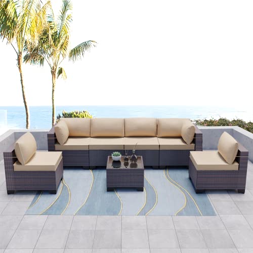 Patio Furniture 7 Pieces Outdoor Sectional PE Rattan Sofa Set Brown Manual Wicker