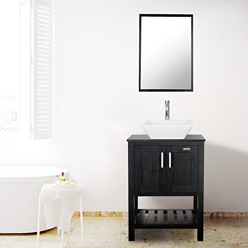 24 inch Modern Bathroom Vanity Units Cabinet and Sink Stand Pedestal with White Square Ceramic Vessel Sink with Chrome Bathroom Solid Brass Faucet and Pop Up Drain Combo