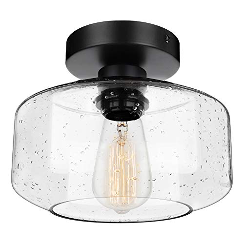 Industrial Semi-Flush Mount Ceiling Light, Seeded Glass Pendant Lamp Shade