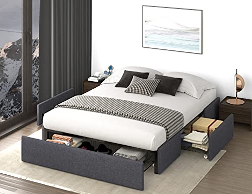 Queen Size Platform Bed Frame with 3 Storage Drawers, Upholstered Wing Side Panel Design