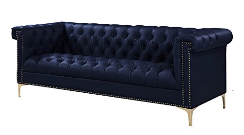 Gold Navy Blue Winston PU Button Tufted with Nail head Trim Tone Metal Sofa