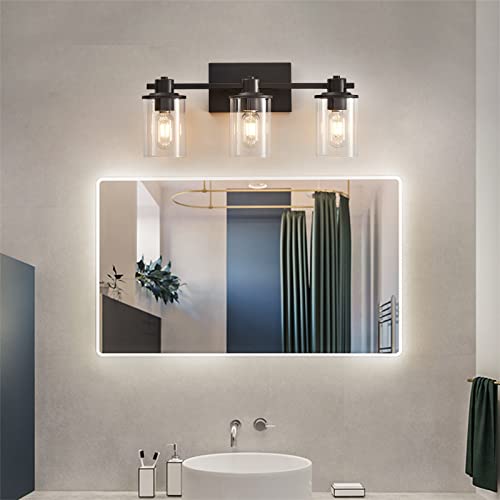 Black Vanity Light,3-Light Modern Bathroom Metal Wall Sconce Fixture with Clear Glass Shade