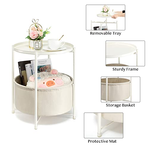 Round Side Table with Fabric Storage Basket