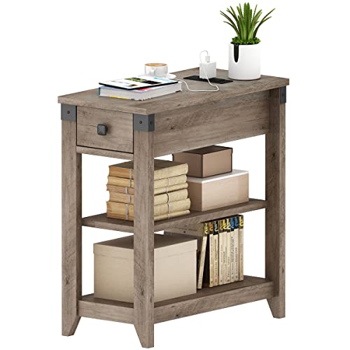 Narrow End Table with Charging Station Farmhouse End Table