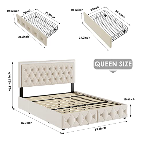 Queen Upholstered LED Bed Frame with 4 Drawers, Velvet Platform Storage Bed