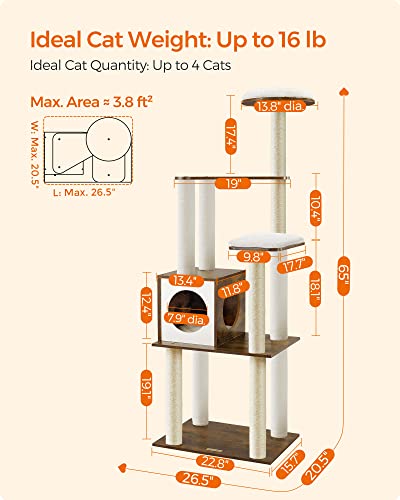 Feandrea WoodyWonders Cat Tree, 65-Inch Modern Cat Tower for Indoor Cats, Multi-Level Cat Condo with 5 Scratching Posts, Perch, Washable Removable Cushions