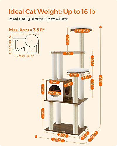 Feandrea WoodyWonders Cat Tree, 65-Inch Modern Cat Tower for Indoor Cats, Multi-Level Cat Condo with 5 Scratching Posts, Perch, Washable Removable Cushions, Cat Furniture, Rustic Brown UPCT166X01