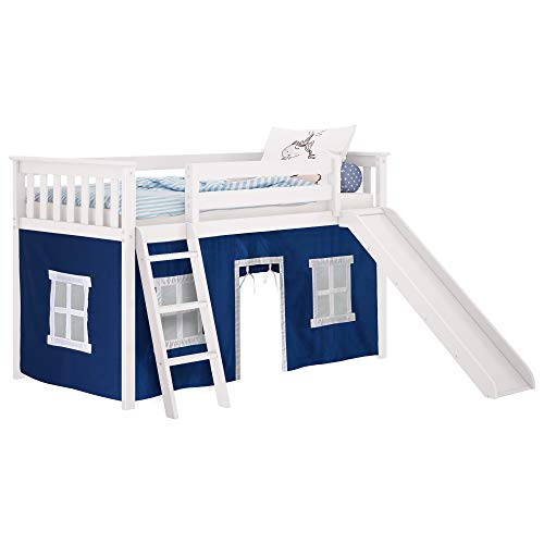 Low Loft Bed, Twin Bed Frame For Kids With Slide and Curtains For Bottom, White/Blue