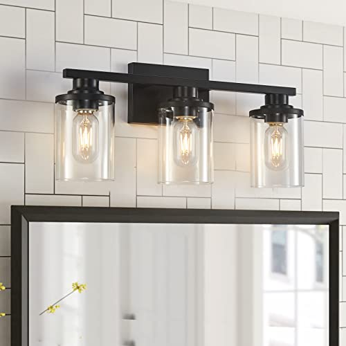 3 Light Black Bathroom Vanity Light, Modern Bathroom Light Fixtures with Clear Glass Shade