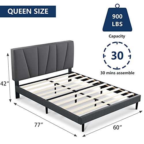 Queen Bed Frame Upholstered Platform with Headboard and Strong Wooden Slats