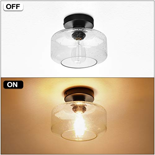 Industrial Semi-Flush Mount Ceiling Light, Seeded Glass Pendant Lamp Shade