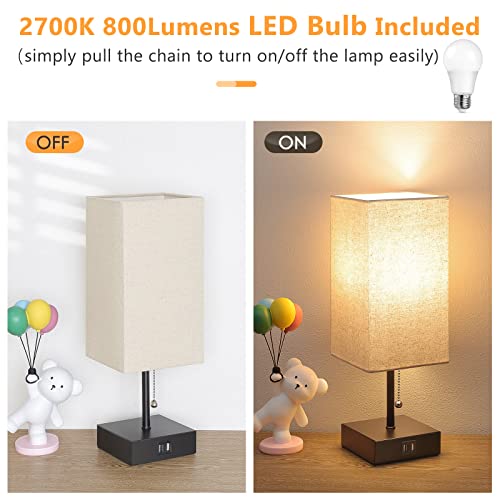 Bedside Table Lamp, Pull Chain Table Lamp with 2 USB Charging Ports