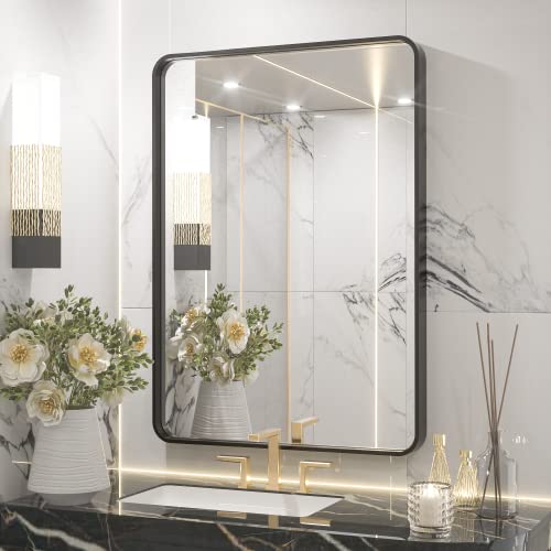 Black Framed Mirrors for Bathroom, 22x30 Inch Brushed Metal Frame Wall Mounted Rectangle Mirror