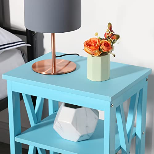 Side End Table with Storage Shelf Nightstands Light Blue