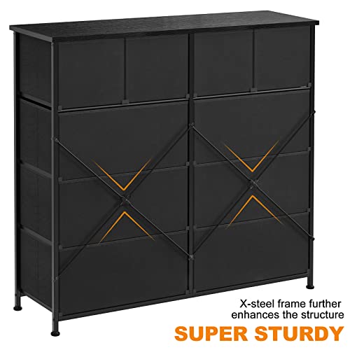 10 Drawer Dresser for Bedroom Fabric Storage Tower Wide Black Dresser with Wood