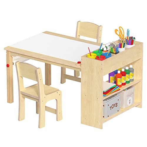 Kids Art Table and 2 Chairs, Wooden Drawing Desk, Activity & Crafts