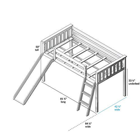 Low Loft Bed, Twin Bed Frame For Kids With Slide and Curtains For Bottom, White/Blue