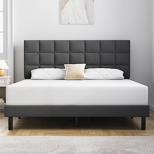 Twin Bed Frame Upholstered Platform with Headboard and Strong Wooden Slats