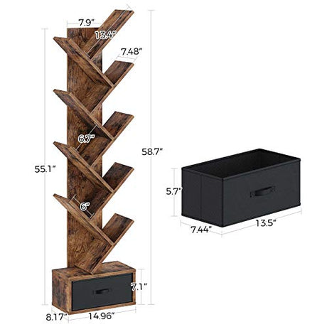 Tree Bookshelf with Drawer, 8 Shelf Rustic Brown Bookcase