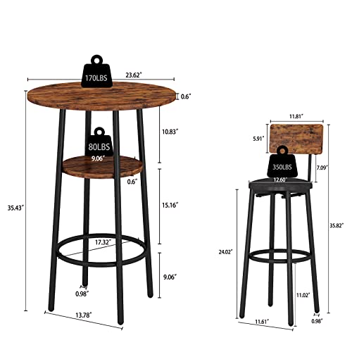 3-Piece Bar Table Set for 2, Small 2-Tier Round Bistro Pub Dining Table & PU Upholstered Stools with Backrest