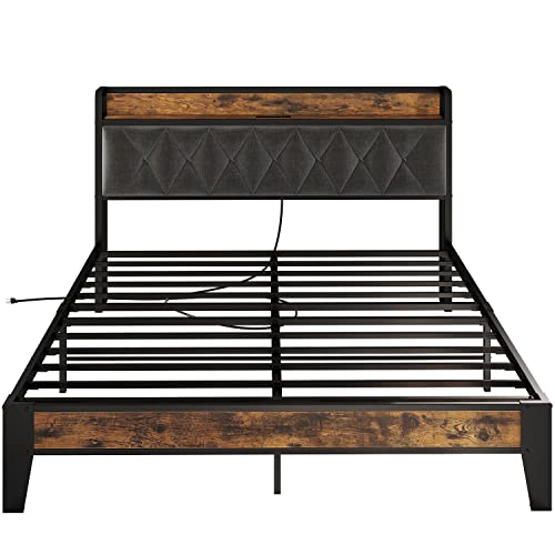 Queen Bed Frame, Storage Headboard with Outlets