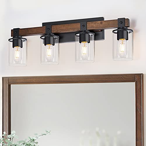 Farmhouse Rustic Bathroom Lighting Fixtures Over Mirror, Vintage Wood Vanity Lighting with Clear Glass