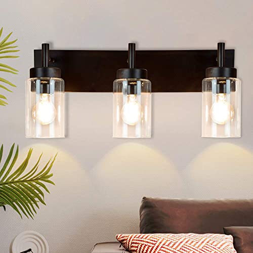 Wall Light Fixture, Vintage Bathroom Vanity Light with 3 Clear Glass Shade