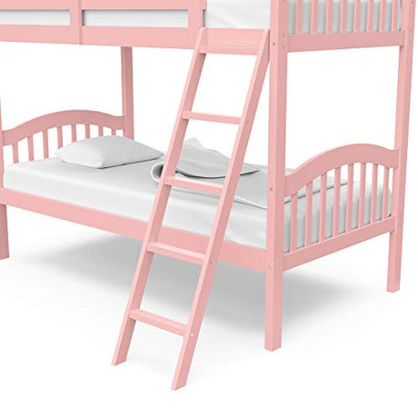 Storkcraft Long Horn Solid Hardwood Twin Bunk Bed, Pink Twin Bunk Beds for Kids with Ladder and Safety Rail