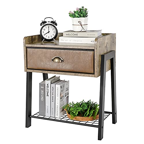 Modern Night Stand, Brown Night Stand with Storage Drawer and Opening Shelf