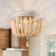 Wood Beaded Chandelier, 3 Lights Flush Mount Ceiling Light with Engraving Pattern