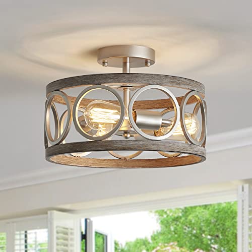 Rustic Semi Flush Mount Ceiling Lighting Fixture, 3-Light Antique Wood Grain Drum Lamp