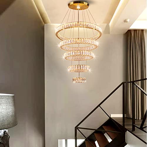 LED Big Crystal Chandeliers Modern 5 Rings Pendant Light Adjustable Ceiling Light