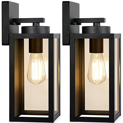 Outdoor Wall Light Fixtures, Exterior Waterproof Wall Lanterns, Porch Sconces Wall Mounted Lighting with E26 Sockets & Glass Shades, Modern Matte Black Wall Lamps for Patio Front Door Entryway, 2-Pack