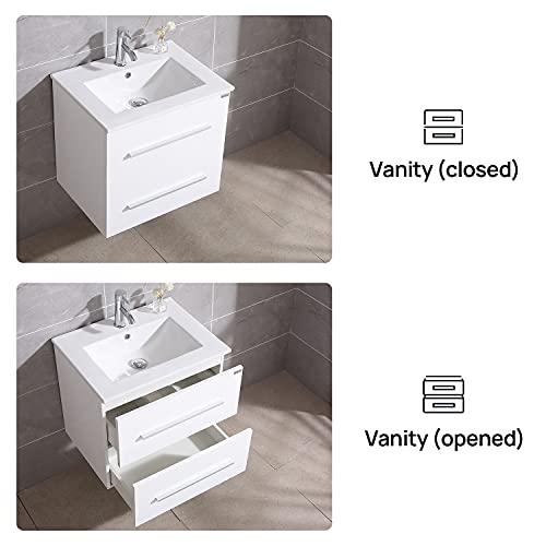24" White Wall Mounted Bathroom Vanity Set Two Drawers Storage Cabinet with Ceramic