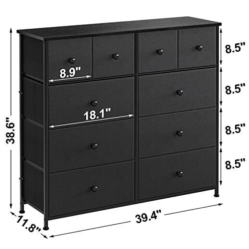 10 Drawer Dresser for Bedroom Fabric Storage Tower Wide Black Dresser with Wood