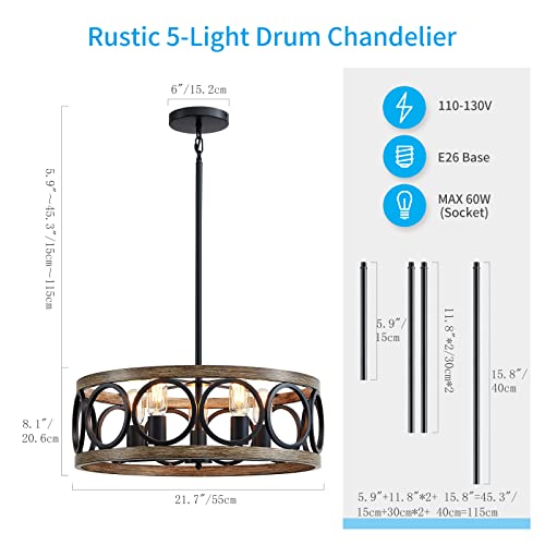 21.7'' Drum Chandelier, Rustic Pendant Lighting for Living Room