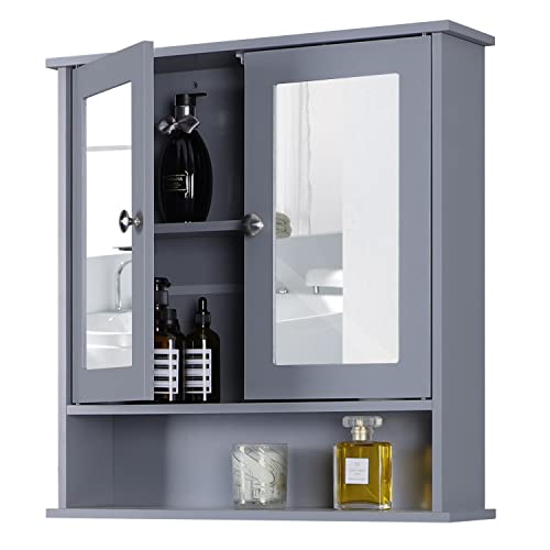Bathroom Cabinet Wall Mounted with 2 Mirror Doors and Open Shelf